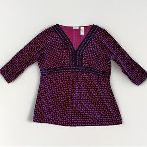 Liz & Co. Magenta Navy Geometric Empire Waist Tunic Top 3/4 Sleeve V-Neck 2X